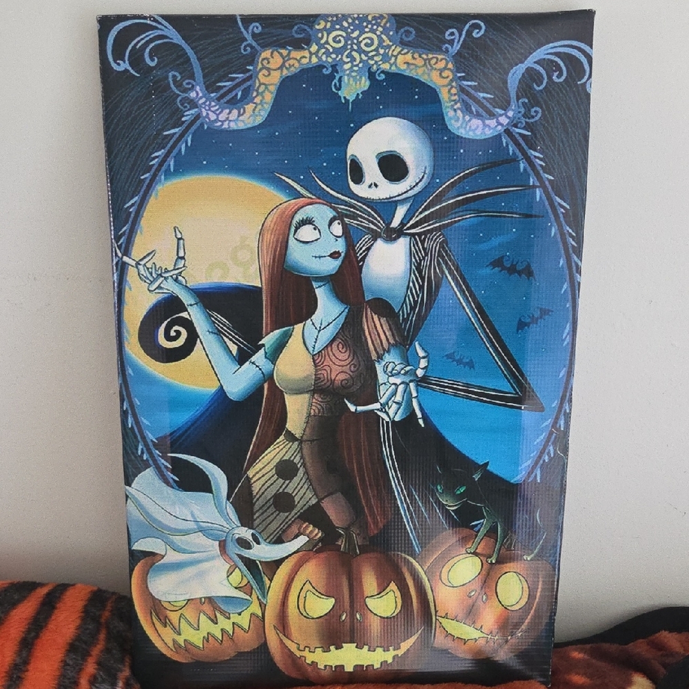 Halloween Canvas Art with Jack Skeleton, Sally and Pumpkins